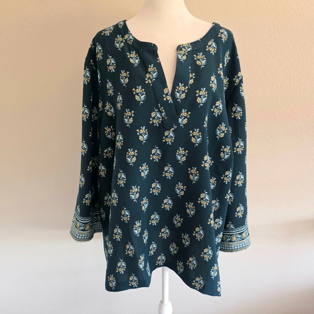 J. Jill Wearever Collection Easy Care Floral Top Tunic Teal Wide Sleeve Plus 3X
